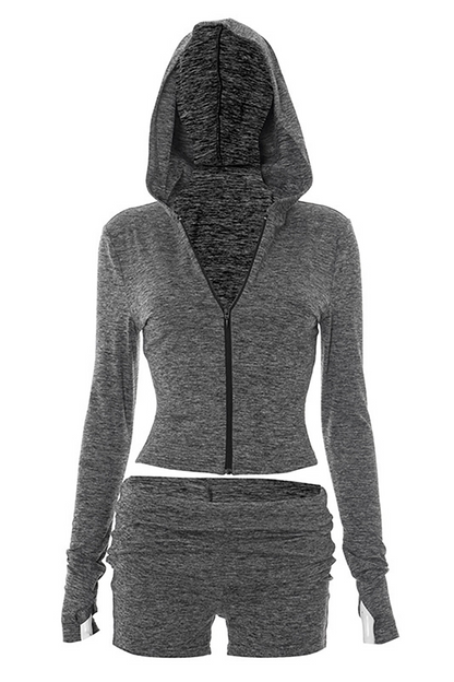 Zipper Long Sleeve Hoodie Solid Color Ruched Slim Fit Shorts 2pcs Set-Gray
