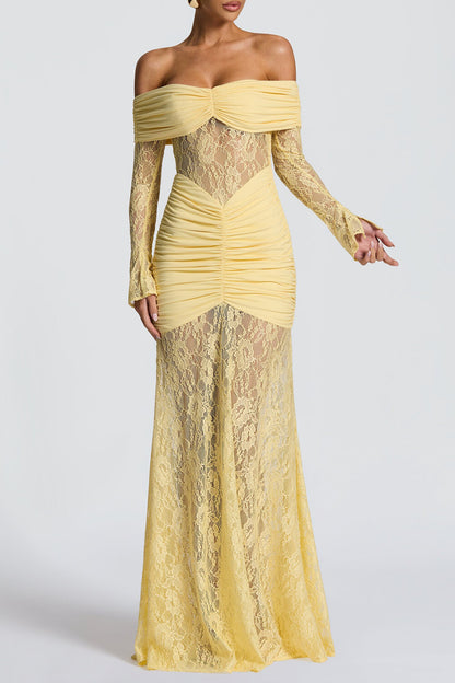 Jacquard Lace Patchwork Off Shoulder Long Sleeve Ruched Maxi Dresses-Yellow