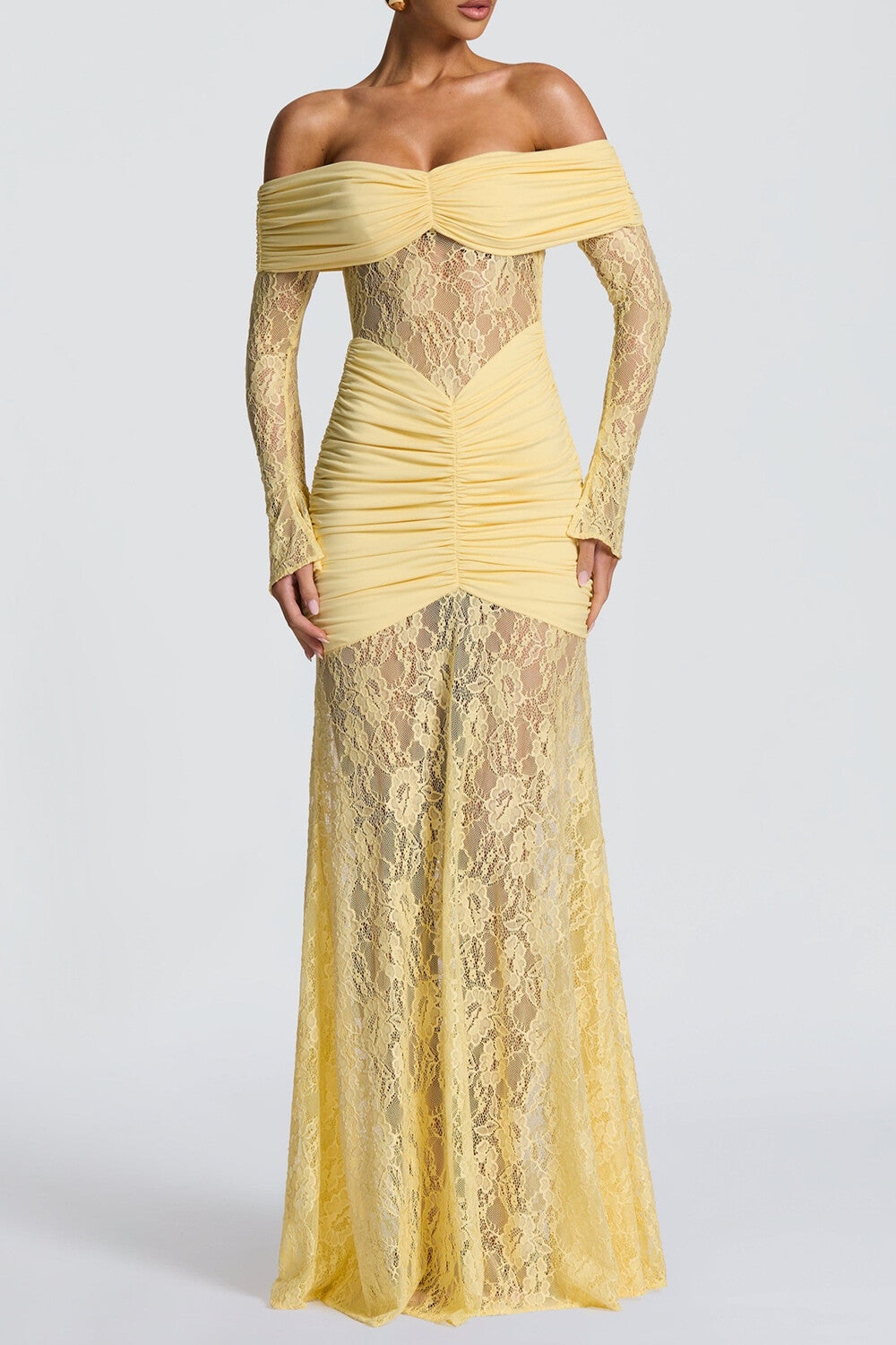 Jacquard Lace Patchwork Off Shoulder Long Sleeve Ruched Maxi Dresses-Yellow