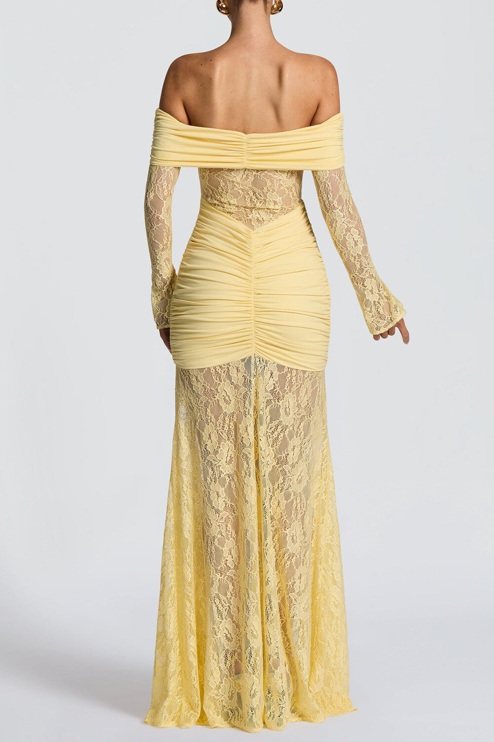 Jacquard Lace Patchwork Off Shoulder Long Sleeve Ruched Maxi Dresses-Yellow