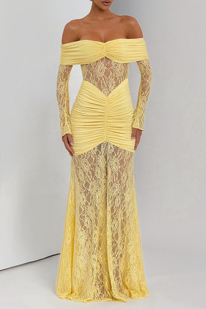 Jacquard Lace Patchwork Off Shoulder Long Sleeve Ruched Maxi Dresses-Yellow