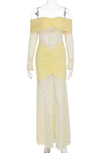 Jacquard Lace Patchwork Off Shoulder Long Sleeve Ruched Maxi Dresses-Yellow