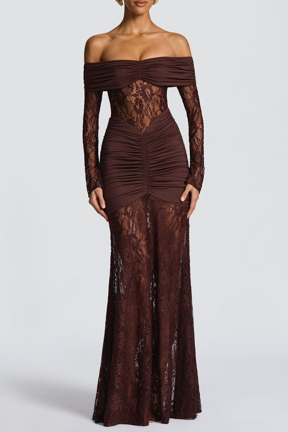 Jacquard Lace Patchwork Off Shoulder Long Sleeve Ruched Maxi Dresses-Yellow