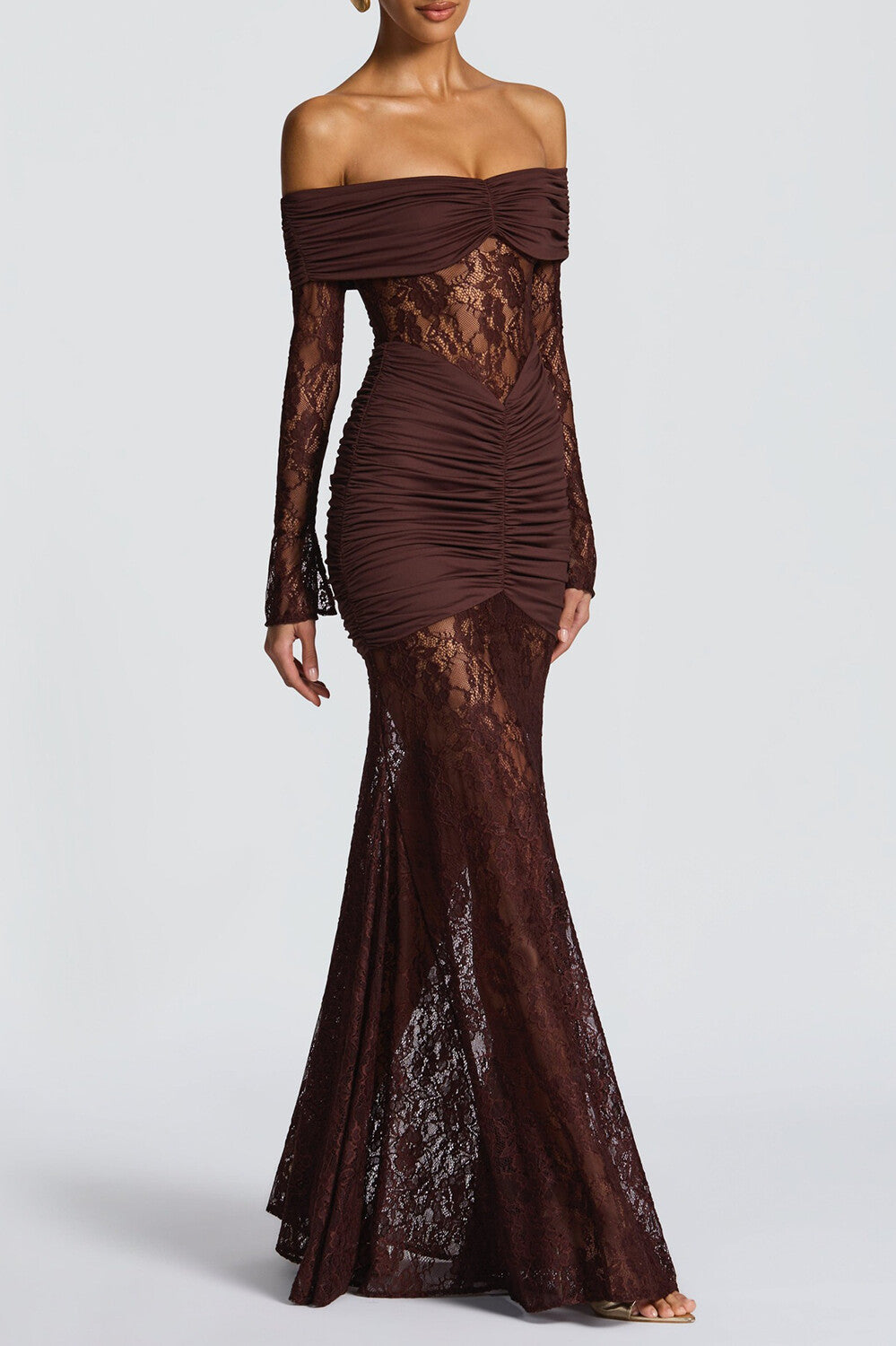 Jacquard Lace Patchwork Off Shoulder Long Sleeve Ruched Maxi Dresses-Yellow