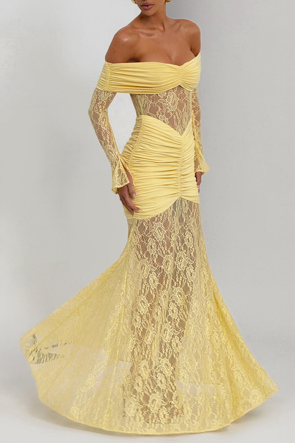 Jacquard Lace Patchwork Off Shoulder Long Sleeve Ruched Maxi Dresses-Yellow