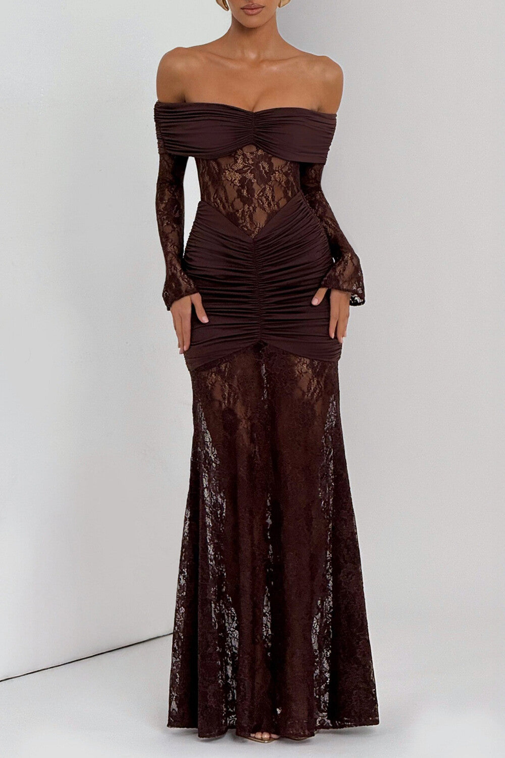 Jacquard Lace Patchwork Off Shoulder Long Sleeve Ruched Maxi Dresses-Yellow