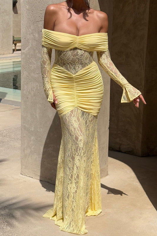 Jacquard Lace Patchwork Off Shoulder Long Sleeve Ruched Maxi Dresses-Yellow