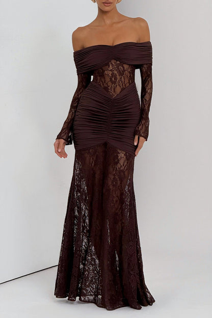 Jacquard Lace Patchwork Off Shoulder Long Sleeve Ruched Maxi Dresses-Yellow