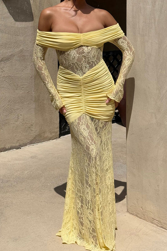 Jacquard Lace Patchwork Off Shoulder Long Sleeve Ruched Maxi Dresses-Yellow