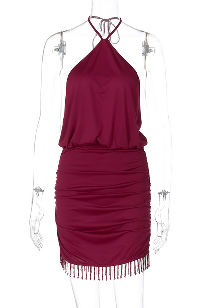 Halter Neck Solid Color Ruched Bodycon Fringed Mini Dresses-Burgundy