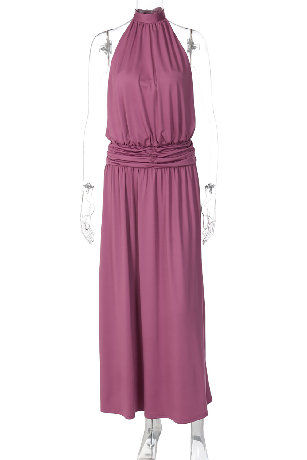 Solid Color Cinch Waist Halter Maxi Dresses-Purple