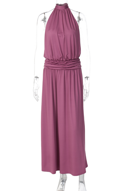 Solid Color Cinch Waist Halter Maxi Dresses-Purple