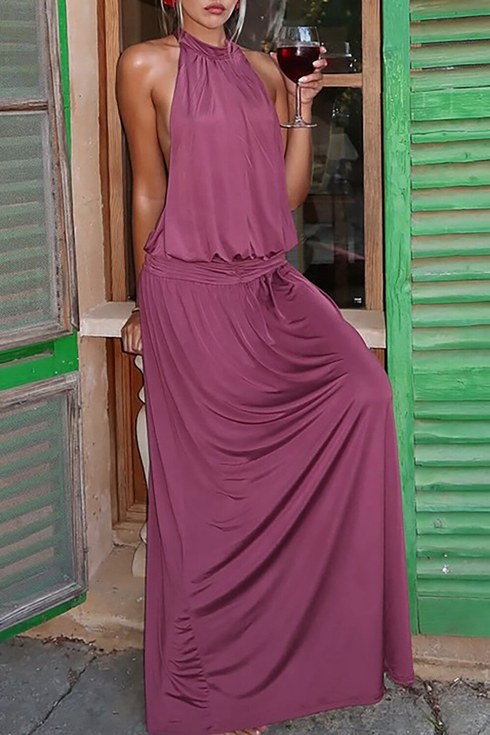 Solid Color Cinch Waist Halter Maxi Dresses-Purple