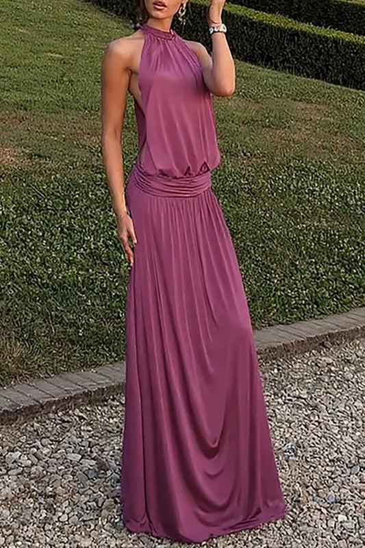 Solid Color Cinch Waist Halter Maxi Dresses-Purple
