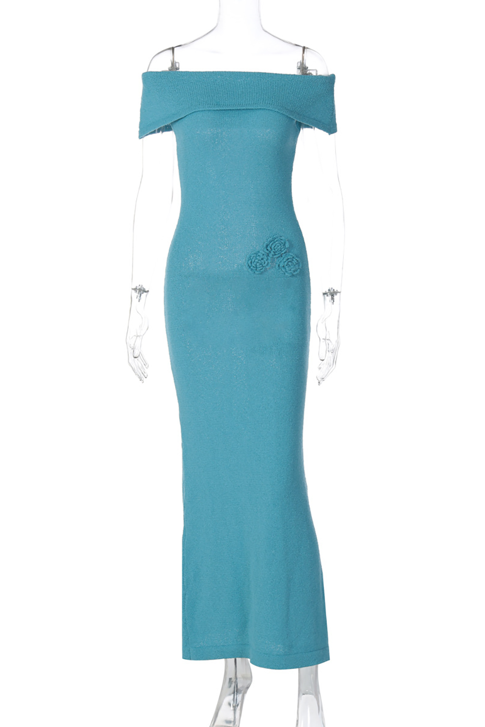 Knit Off Shoulder Draped Sleeve Solid Color Maxi Dresses-Blue