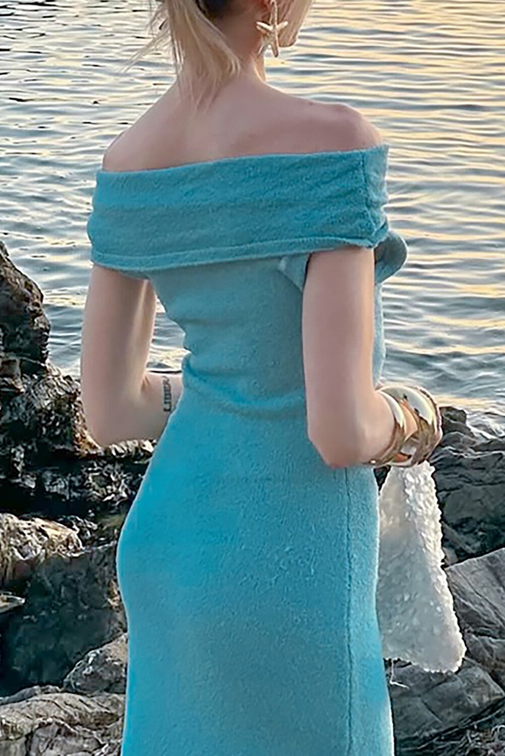 Knit Off Shoulder Draped Sleeve Solid Color Maxi Dresses-Blue