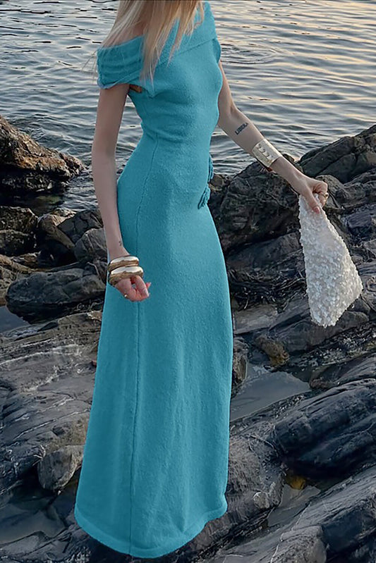 Knit Off Shoulder Draped Sleeve Solid Color Maxi Dresses-Blue