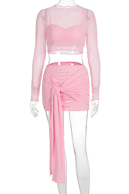 Mesh Long Sleeve Crop Top Crop Cami Ruched Tie Up Sash Mini Skirt 3pcs Set-Pink