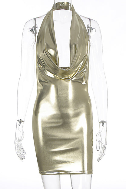Cowl Neckline Metallic Finish Bodycon Halter Mini Dresses-Gold