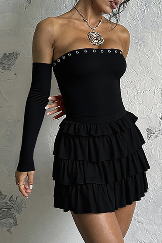 Eyelet Trim Strapless Layered Ruffled Mini Dresses Oversleeves Set-Black