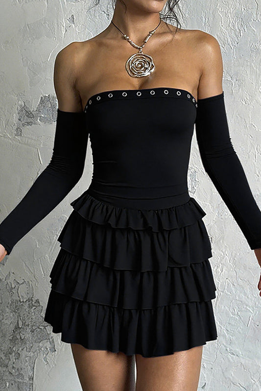 Eyelet Trim Strapless Layered Ruffled Mini Dresses Oversleeves Set-Black