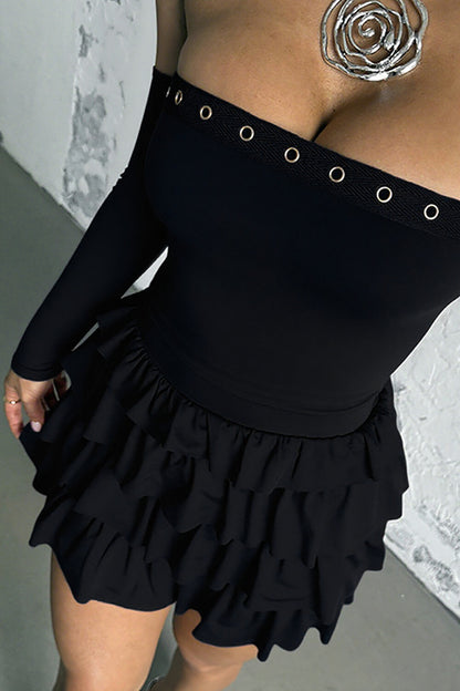Eyelet Trim Strapless Layered Ruffled Mini Dresses Oversleeves Set-Black