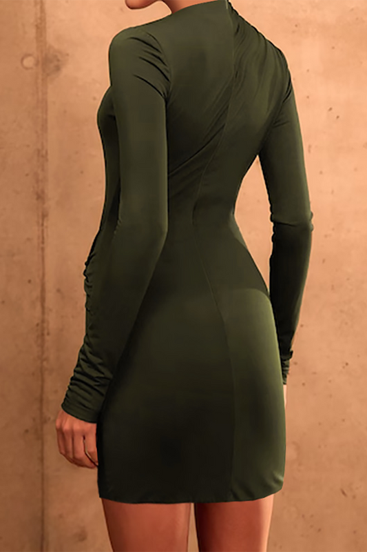 Long Sleeve Cutout Ruched Bodycon Solid Color Mini Dresses-Green