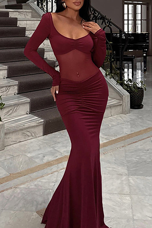 Sheer Mesh Patchwork Long Sleeve Ruched Slim Fit Backless Maxi Dresses-Burgundy