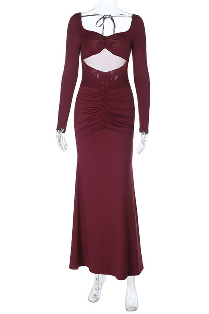 Sheer Mesh Patchwork Long Sleeve Ruched Slim Fit Backless Maxi Dresses-Burgundy