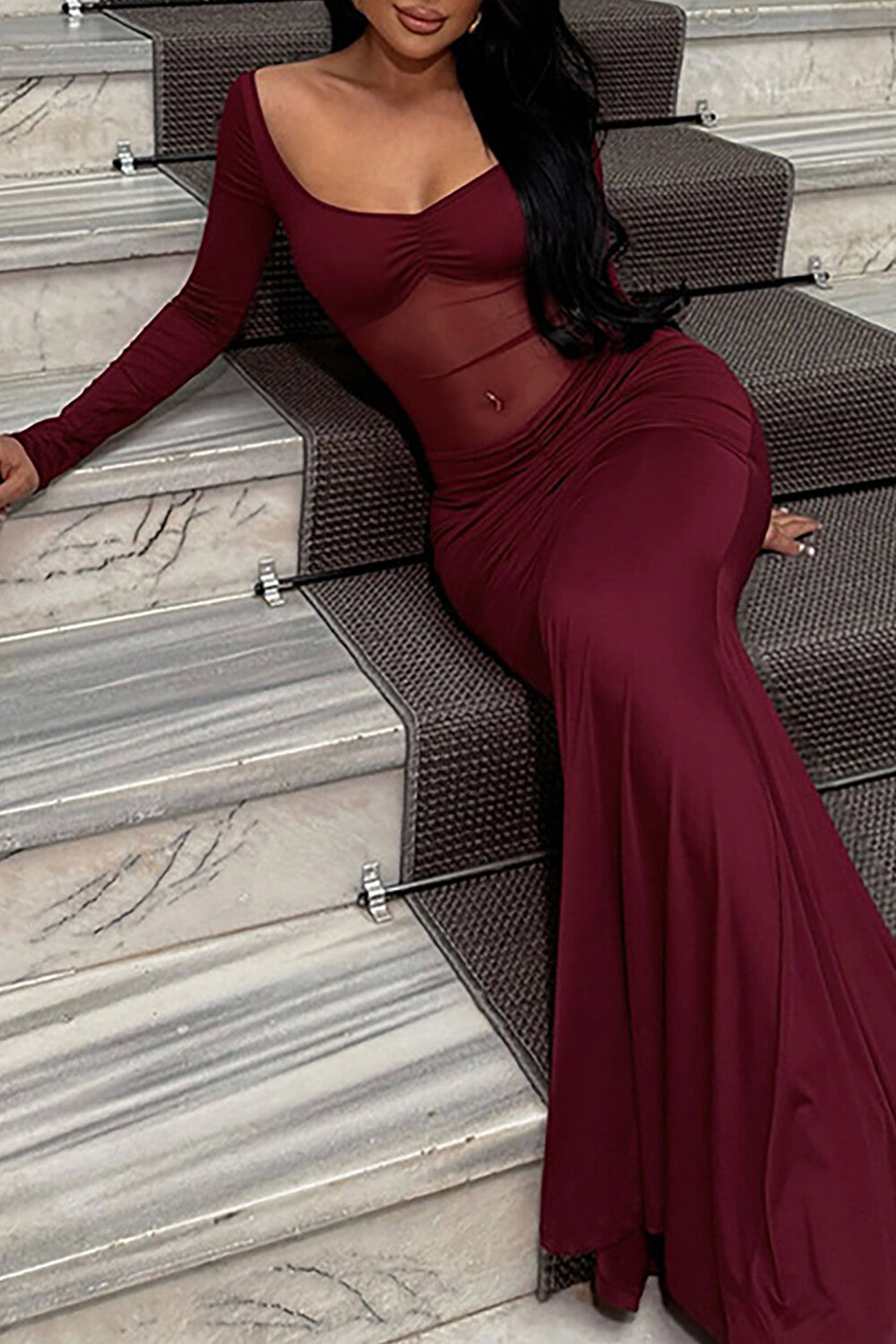 Sheer Mesh Patchwork Long Sleeve Ruched Slim Fit Backless Maxi Dresses-Burgundy