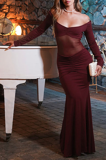 Sheer Mesh Patchwork Long Sleeve Ruched Slim Fit Backless Maxi Dresses-Burgundy