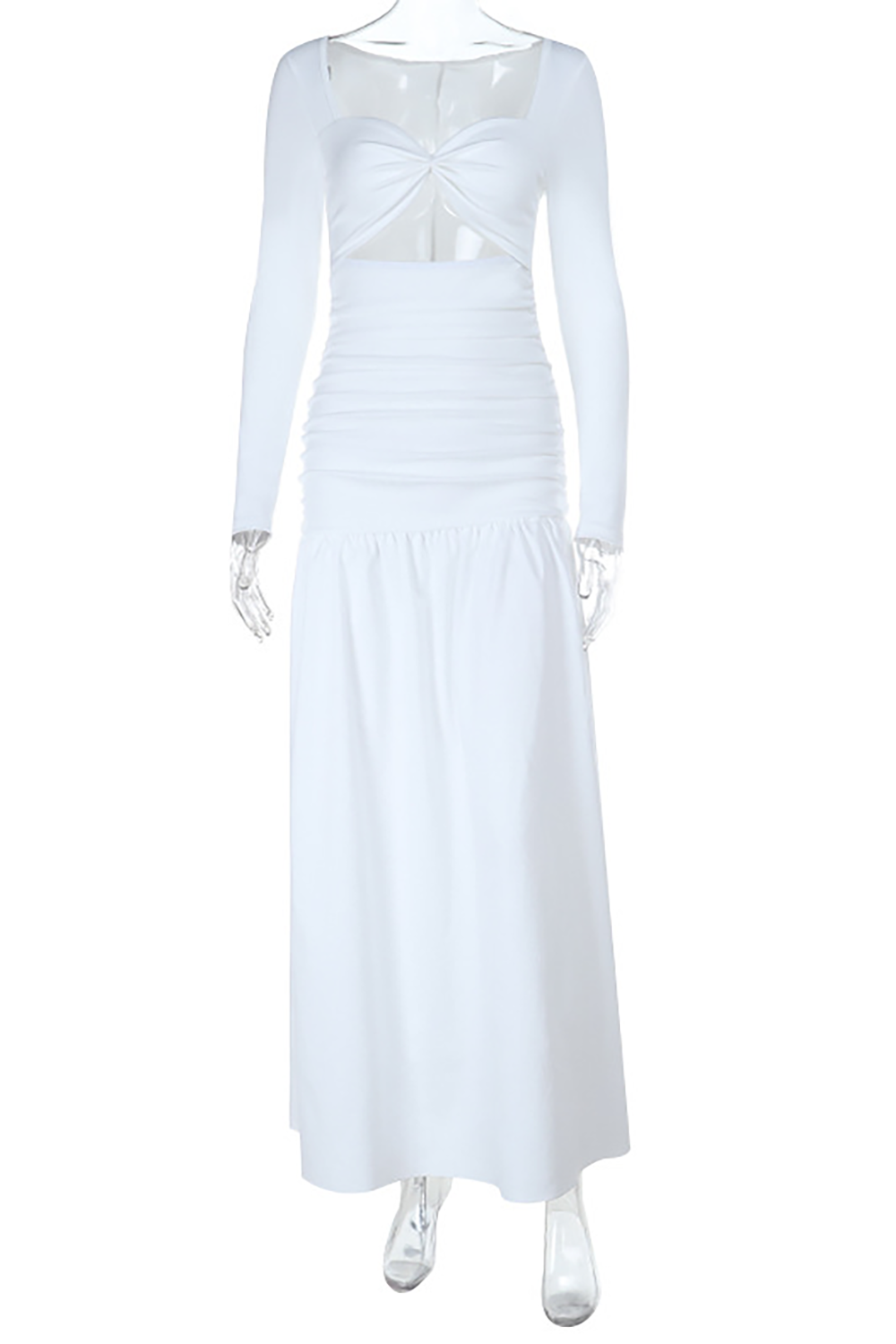 Irregular Neckline Long Sleeve Cutout Cinch Waist Plain Maxi Dresses-White