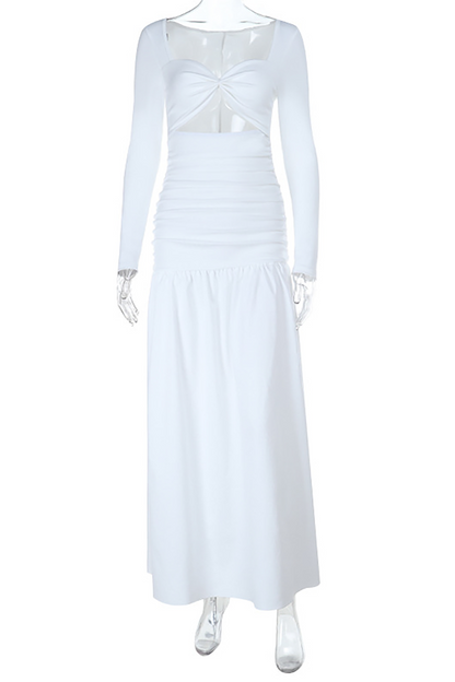 Irregular Neckline Long Sleeve Cutout Cinch Waist Plain Maxi Dresses-White