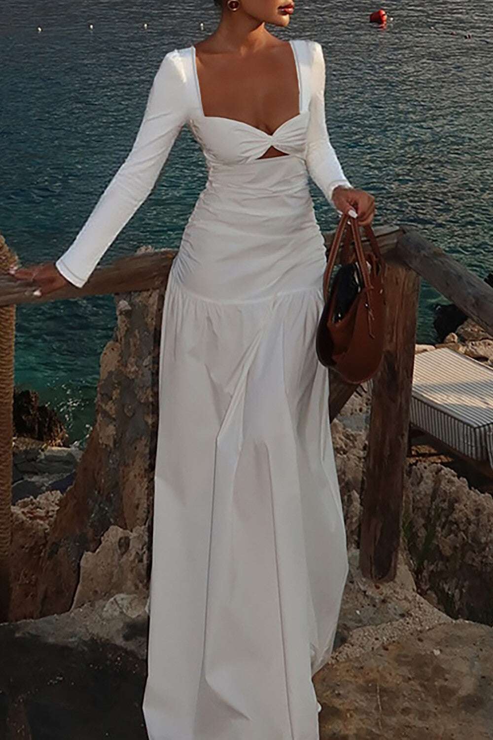 Irregular Neckline Long Sleeve Cutout Cinch Waist Plain Maxi Dresses-White