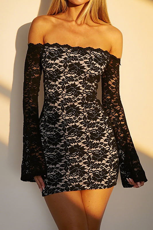 Off Shoulder Long Sleeve Floral Lace Bodycon Mini Dresses-Black