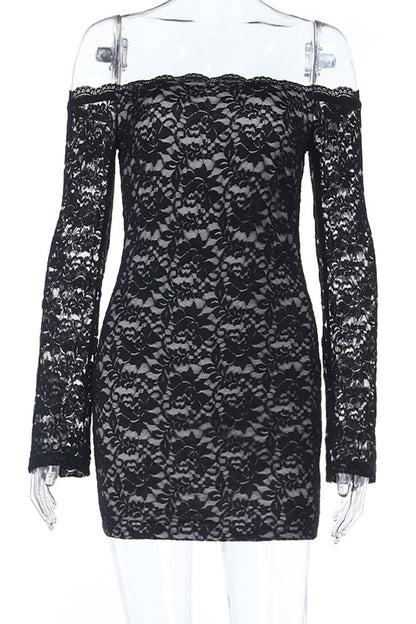 Off Shoulder Long Sleeve Floral Lace Bodycon Mini Dresses-Black