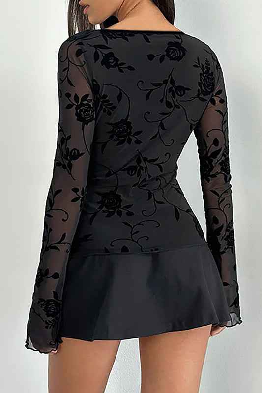 Lace Trim V Neckline Long Sleeve Floral Pattern Slim Fit Top-Black