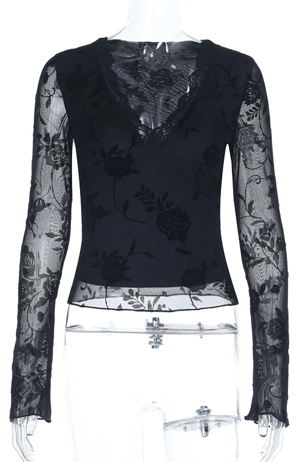 Lace Trim V Neckline Long Sleeve Floral Pattern Slim Fit Top-Black