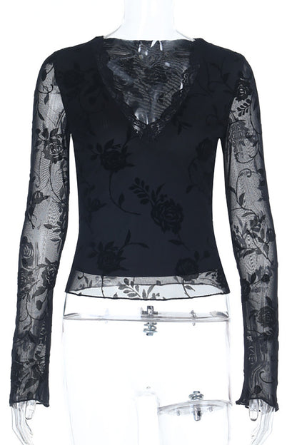 Lace Trim V Neckline Long Sleeve Floral Pattern Slim Fit Top-Black
