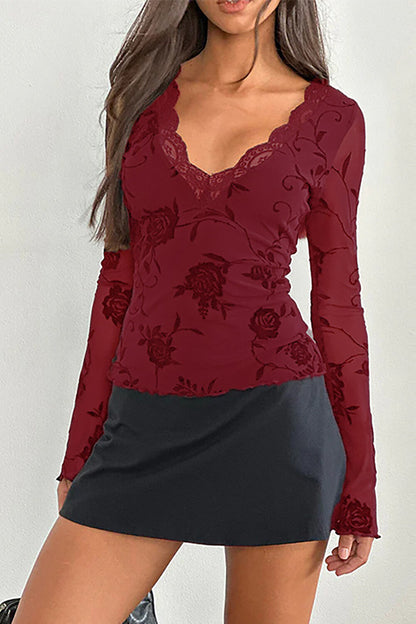 Lace Trim V Neckline Long Sleeve Floral Pattern Slim Fit Top-Black