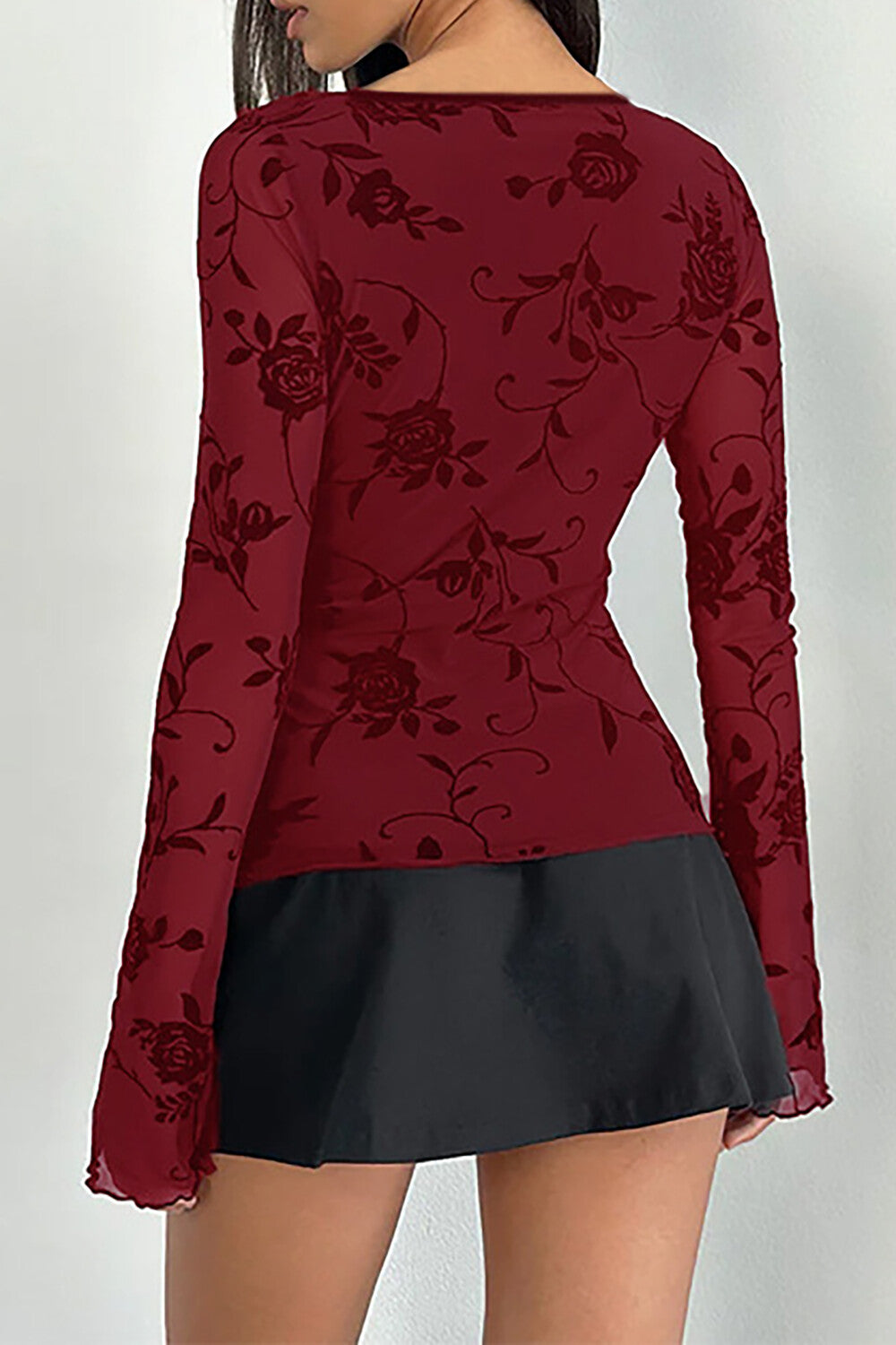 Lace Trim V Neckline Long Sleeve Floral Pattern Slim Fit Top-Black