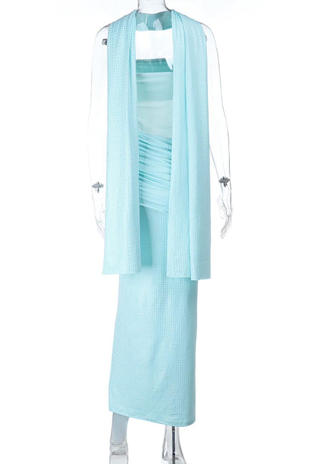Hot Drilling Strapless Mesh Patchwork Ruched Slim Fit Maxi Dresses-Blue