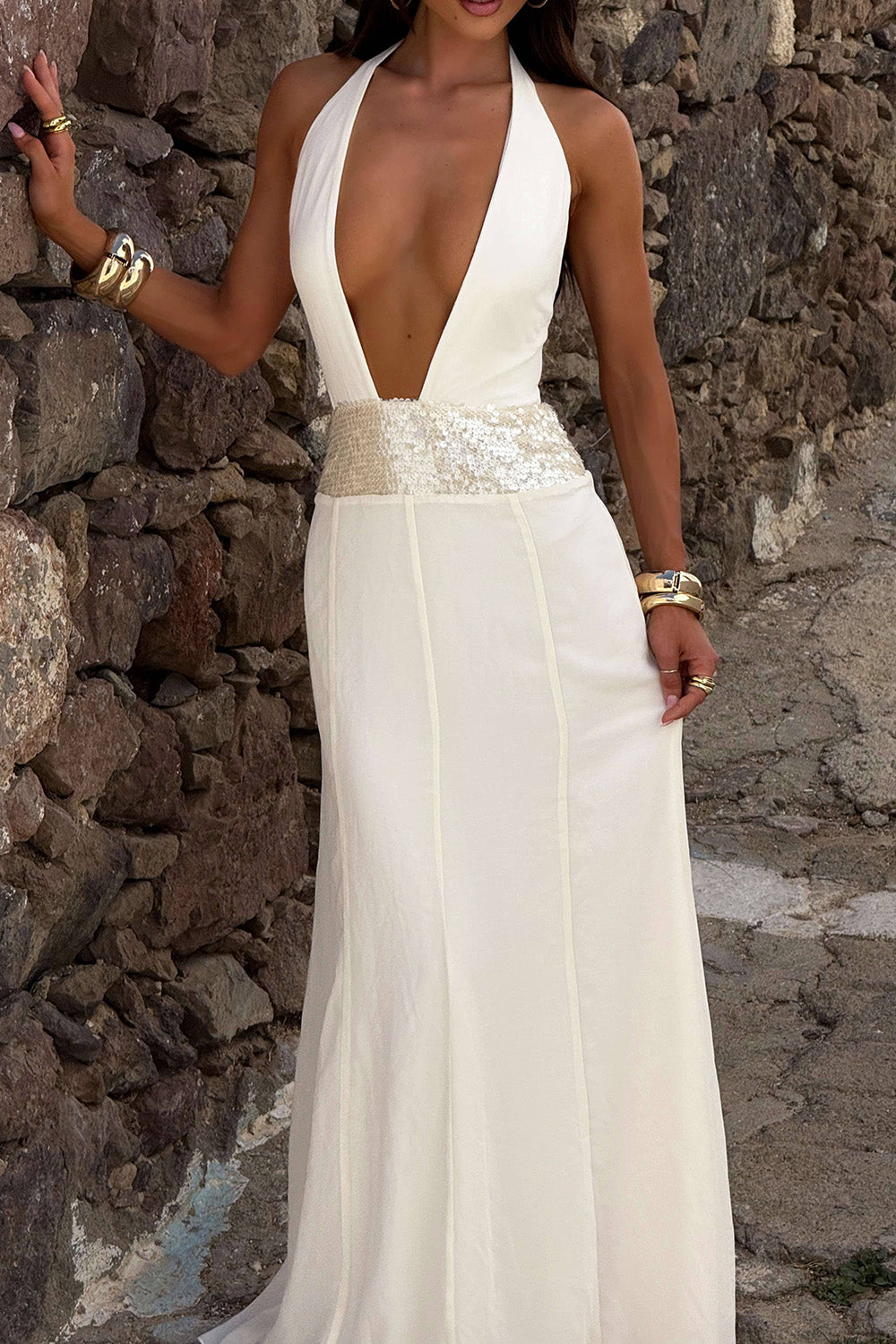 Deep V Neck Open Back Sequin Patchwork Party Maxi Dresses-White [Pre Order]
