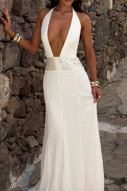 Deep V Neck Open Back Sequin Patchwork Party Maxi Dresses-White [Pre Order]