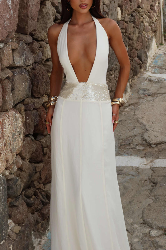 Deep V Neck Open Back Sequin Patchwork Party Maxi Dresses-White [Pre Order]