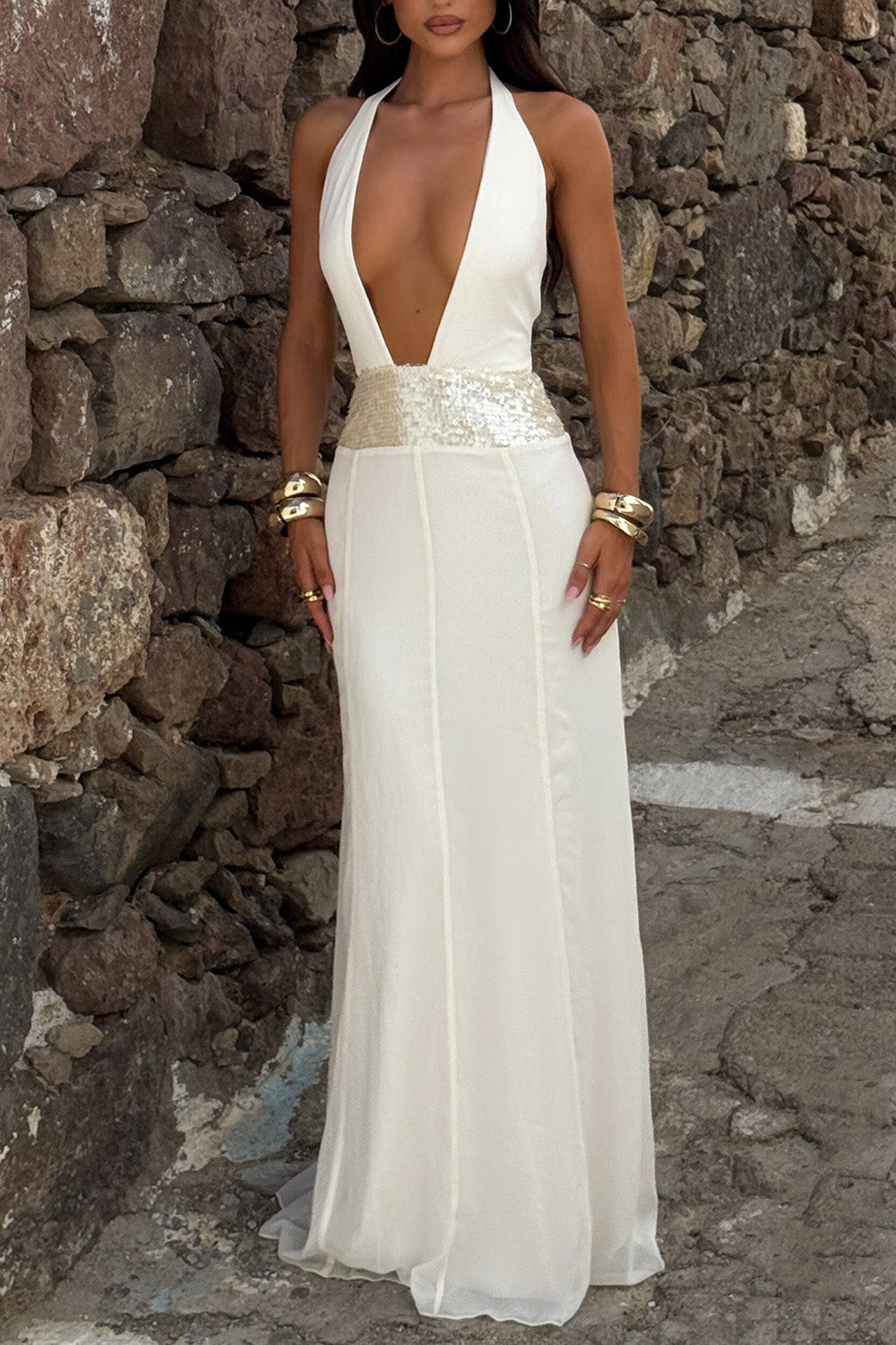 Deep V Neck Open Back Sequin Patchwork Party Maxi Dresses-White [Pre Order]