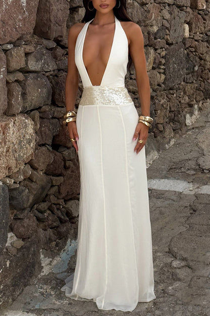Deep V Neck Open Back Sequin Patchwork Party Maxi Dresses-White [Pre Order]
