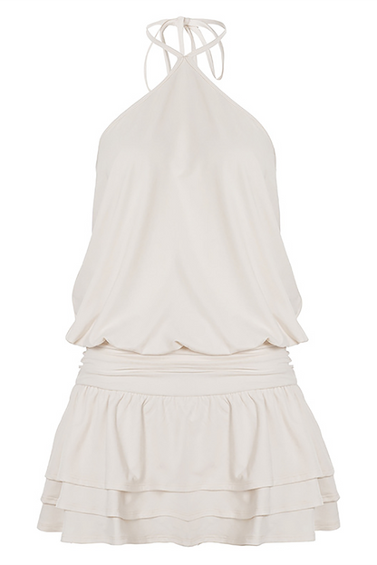 Halter Neck Cinch Waist Layered Ruffled Hem Solid Color Mini Dresses-Beige