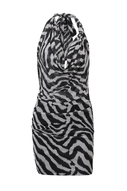 Zebra Print Cowl Neckline Bodycon Halter Mini Dresses-Black
