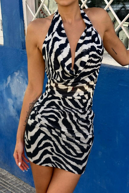 Zebra Print Cowl Neckline Bodycon Halter Mini Dresses-Black
